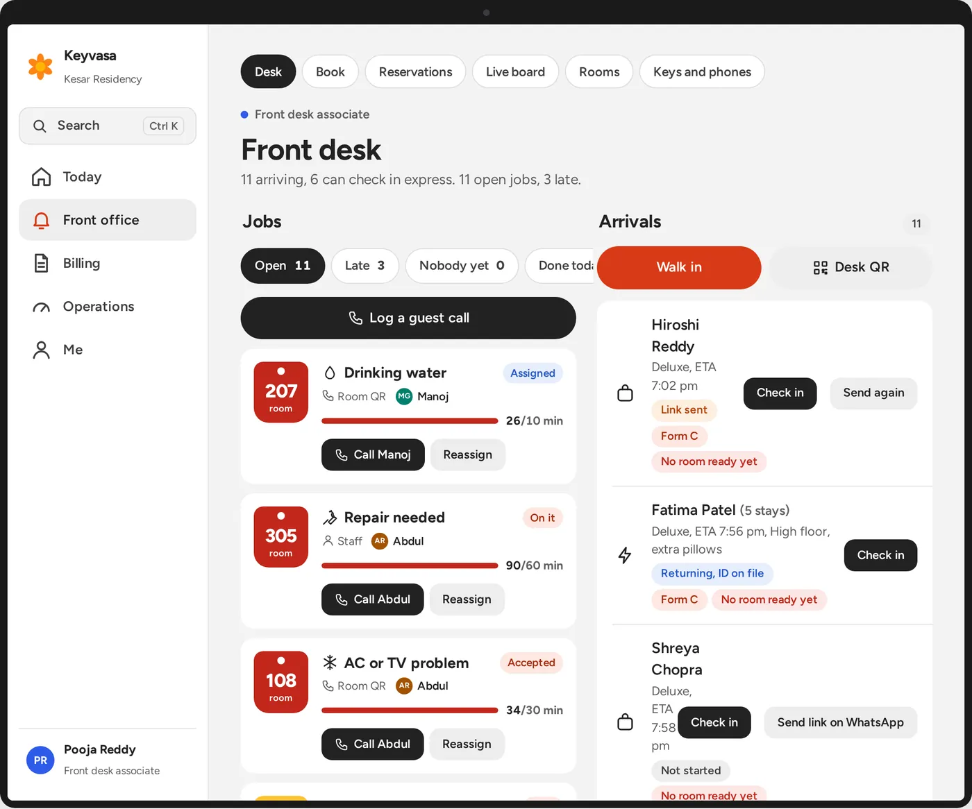 Front desk: open guest requests on key tags with their time limits, and today’s arrivals