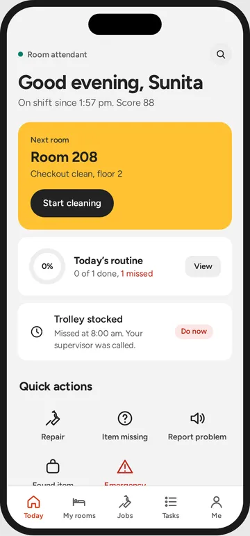 A room attendant’s phone: next room 208, checkout clean, with a start cleaning button